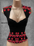 Vintage Mexican Floral Art Print V-Neck Casual Top A / S