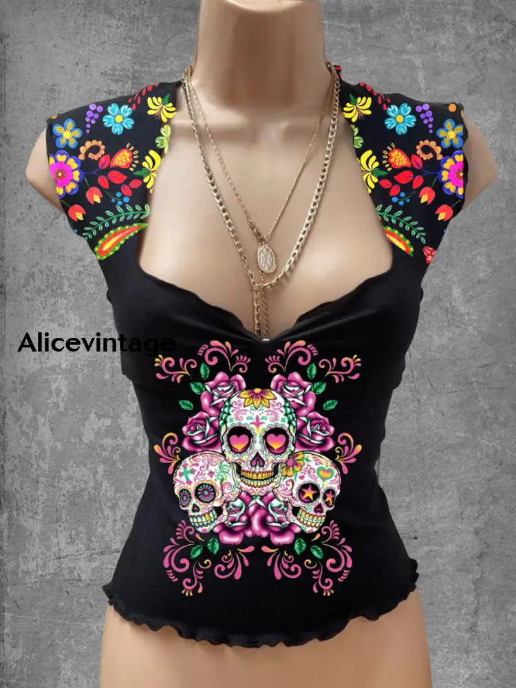 Vintage Mexican Floral Art Print V-Neck Casual Top A / S
