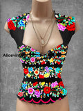 Vintage Mexican Floral Art Print V-Neck Casual Top A / S