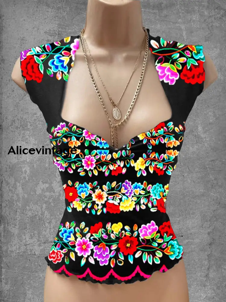 Vintage Mexican Floral Art Print V-Neck Casual Top A / S