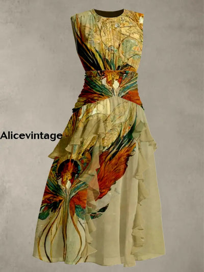 Vintage Phoenix Butterfly Printed V-Neck 50’S Elegant Chic Chiffon Sleeveless Maxi Dress A / S