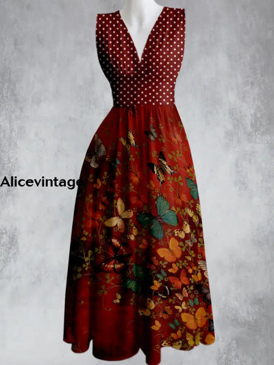 Vintage Polka Dot Butterfly Printed V-Neck 50’S Elegant Chic Sleeveless Maxi Dress A / S