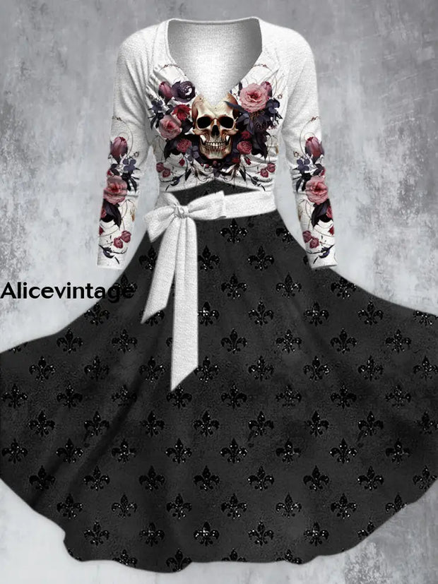 Vintage Punk Rose Skull Print V-Neck Long Sleeve Straps Fashion Midi Dress A / S