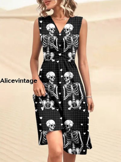 Vintage Punk Skull Printed V-Neck Sleeveless Pleated Design Fashion Midi Dress A / S