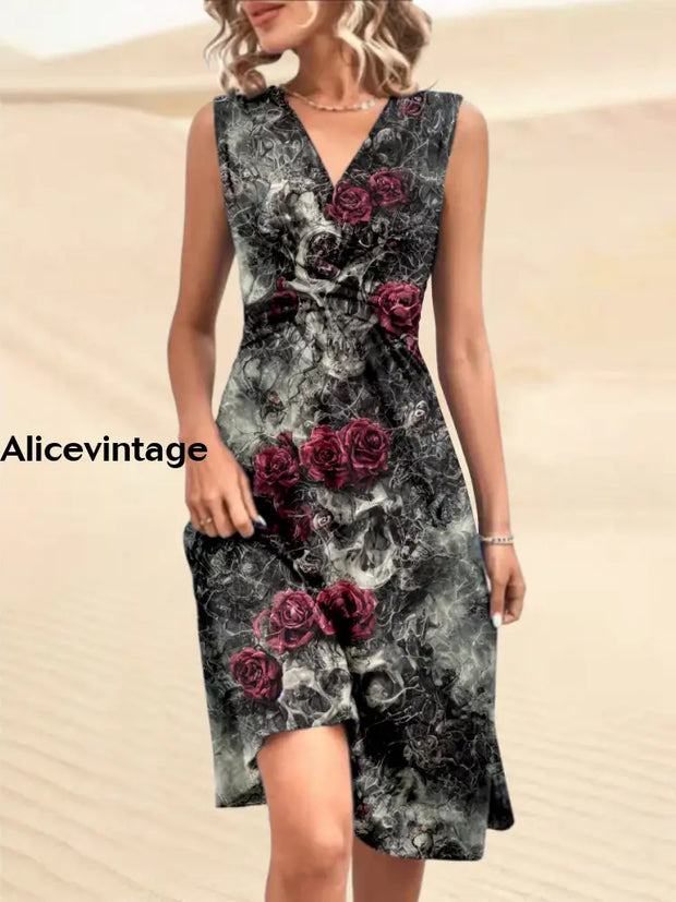 Vintage Punk Skull Rose Printed V-Neck Sleeveless Pleated Design Fashion Midi Dress A / S