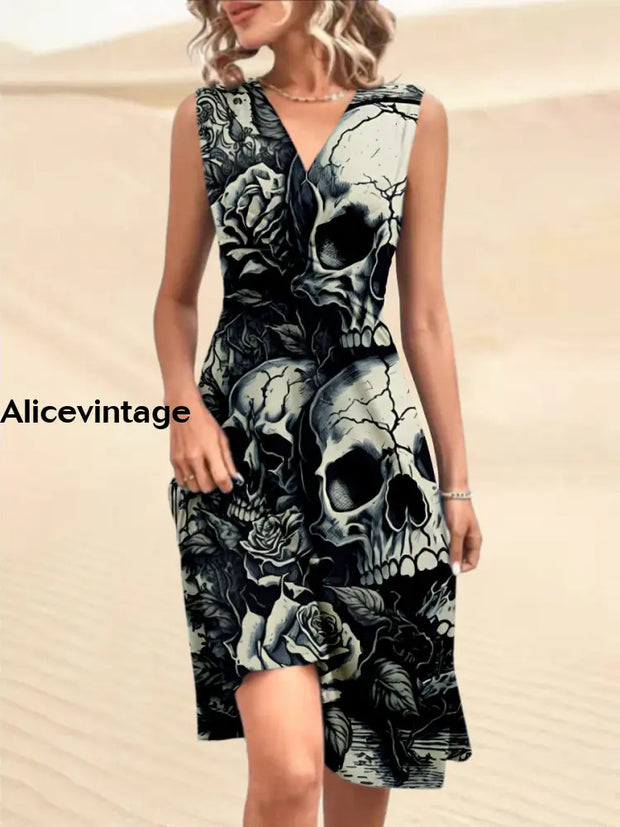 Vintage Punk Skull Rose Printed V-Neck Sleeveless Pleated Design Fashion Midi Dress A / S