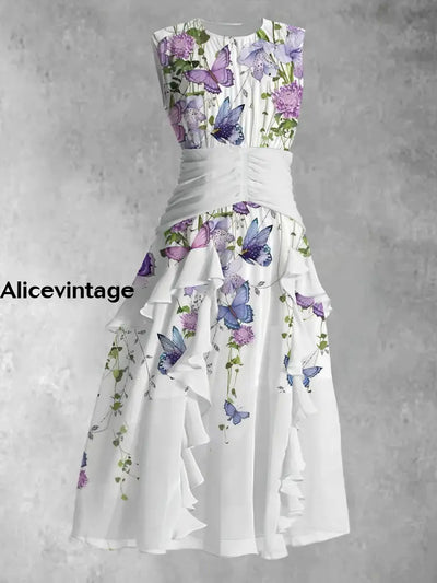 Vintage Purple Floral And Butterfly Art Print Round Neck Sleeveless Maxi Dress