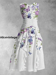 Vintage Purple Floral And Butterfly Art Print Round Neck Sleeveless Maxi Dress A / S