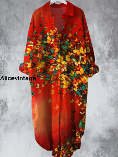 Vintage Red Butterfly Printed V-Neck Lapel Button Loose Midi Shirt Dress A / S