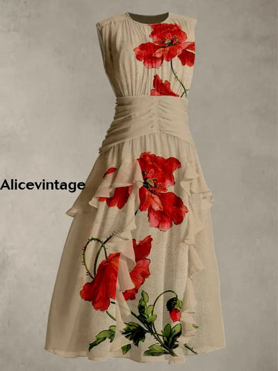 Vintage Red Floral Print Round Neck 50’S Elegant Chic Chiffon Sleeveless Maxi Dress A / S