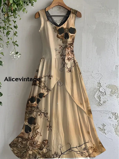 Vintage Skull Art Print Casual Cotton Midi Dress A / S