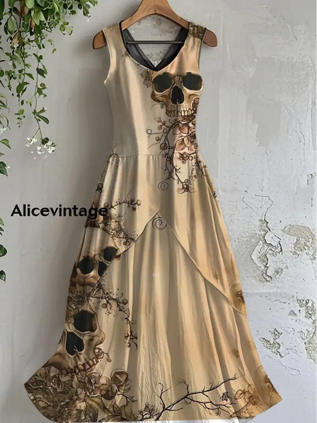 Vintage Skull Art Print Casual Cotton Midi Dress A / S