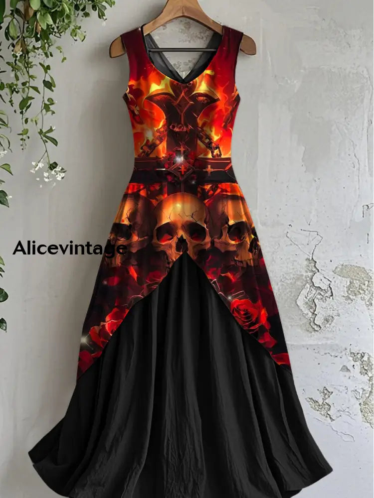 Vintage Skull Art Print Casual Cotton Midi Dress A / S