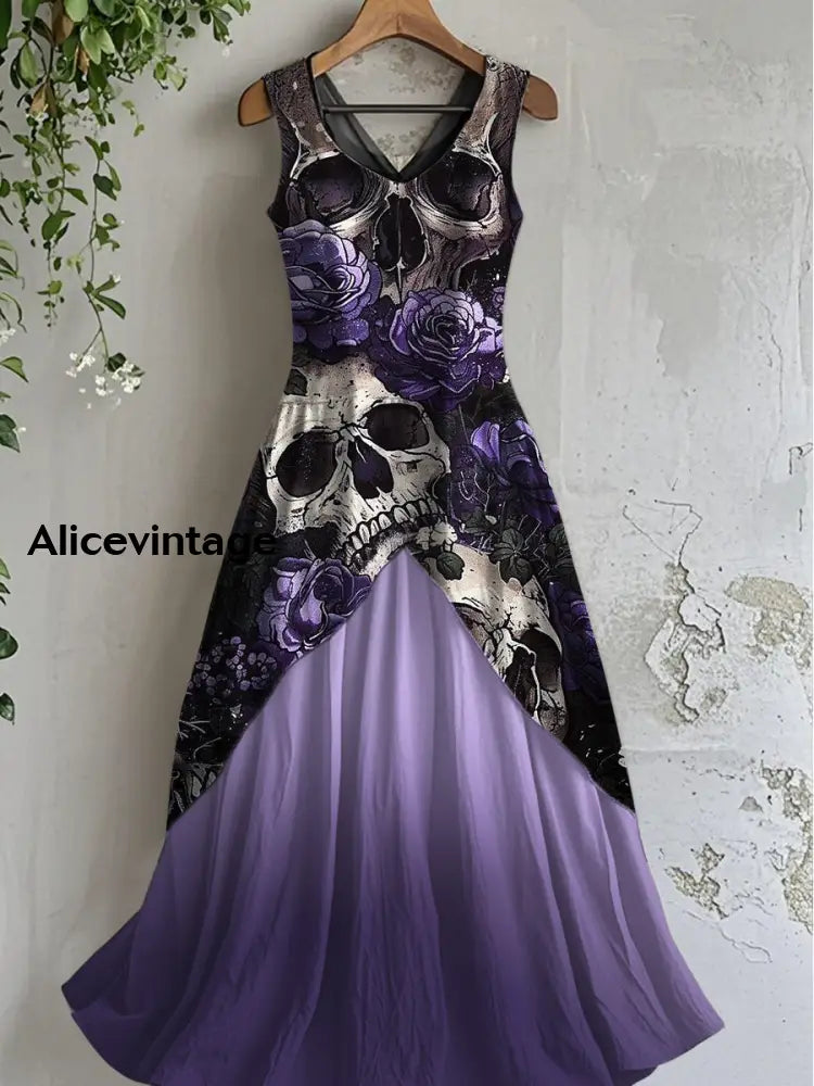 Vintage Skull Art Print Casual Cotton Midi Dress A / S