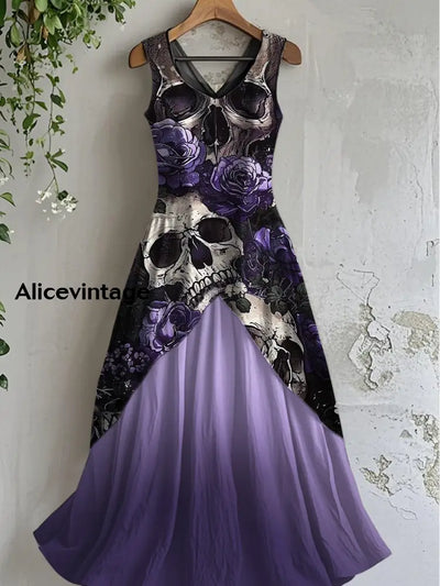 Vintage Skull Art Print Casual Cotton Midi Dress A / S