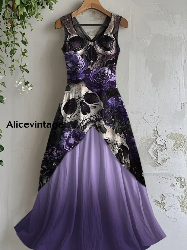 Vintage Skull Art Print Casual Cotton Midi Dress A / S