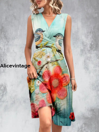 Vintage Spring Garden Printed V-Neck Sleeveless Pleated Design Fashion Midi Dress A / S