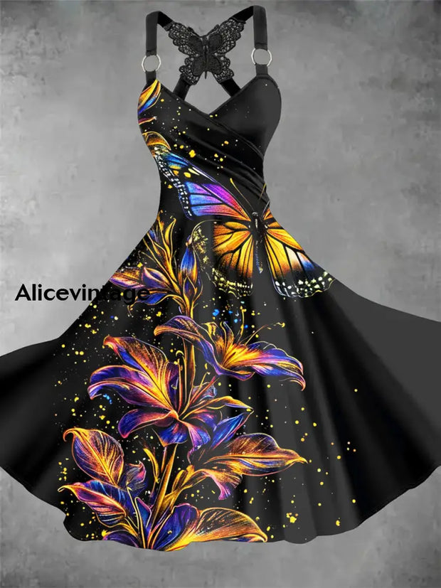 Vintage V-neck Butterfly Art Print Casual Lace Bowknot Suspender Midi Dress A / S