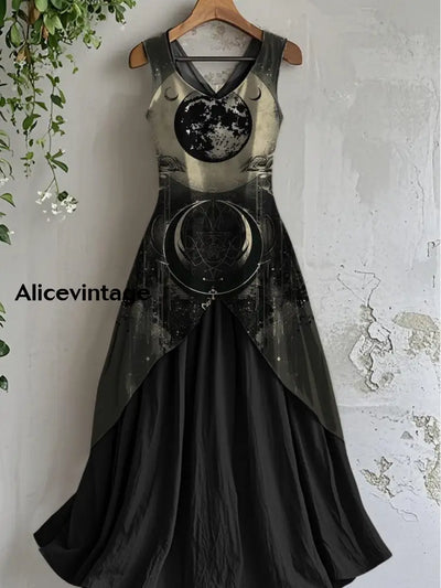 Vintage V-neck Punk Art Print Casual Cotton Midi Dress A / S