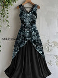 Vintage V-neck Skull Art Print Casual Cotton Midi Dress A / S