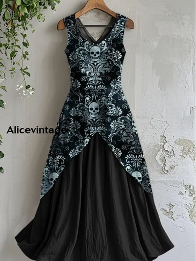 Vintage V-neck Skull Art Print Casual Cotton Midi Dress A / S