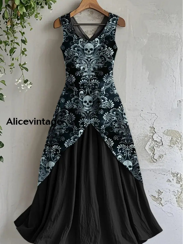 Vintage V-neck Skull Art Print Casual Cotton Midi Dress A / S