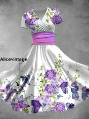 Vintage Wisteria Flower Butterfly Art Print Short Sleeve Midi Dress