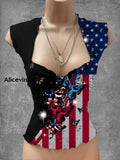 VintageAmerican Flag Butterfly Art Print V-Neck Casual Top A / S