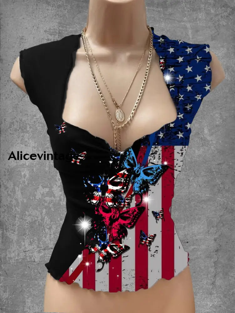 VintageAmerican Flag Butterfly Art Print V-Neck Casual Top A / S