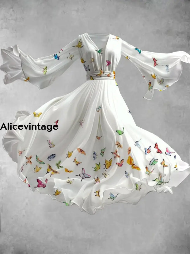 White Butterfly Art Print V-Neck Long Sleeve Flowy Midi Dress A / S