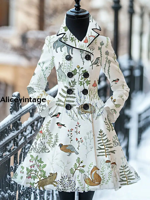 Wildlife Art Print Vintage Elegant Stand-Up Collar Long Sleeve Coat Dress A / S