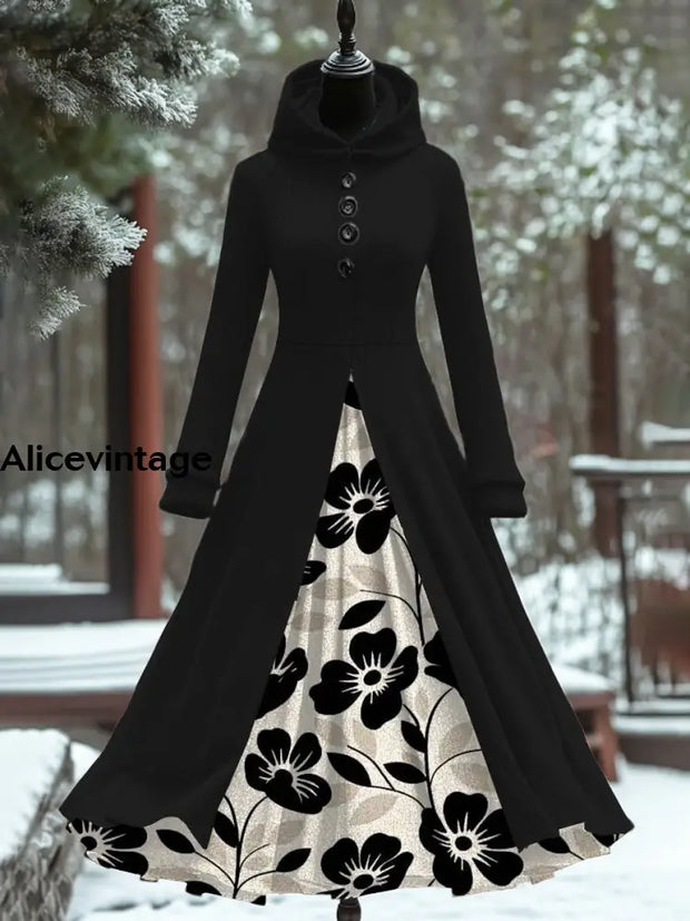 Women Fashion Elegant Artistic Floral Print Hooded Long Sleeve Button Fake Two Piece Maxi Dress A /