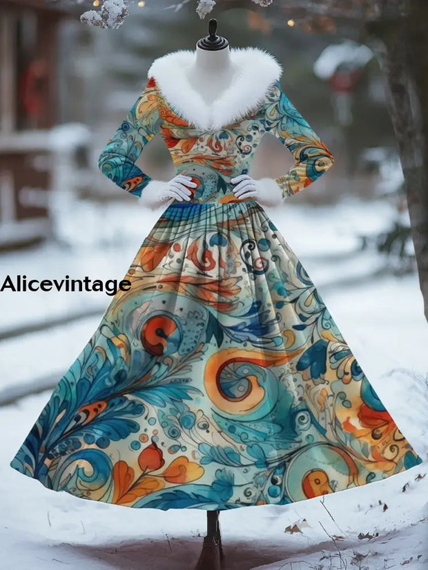 Women Fashion Elegant Artistic Floral Print V-Neck Fur Collar Long Sleeve Maxi Dress Coat A / S