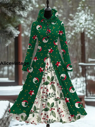 Women Fashion Elegant Christmas Art Print Hooded Long Sleeve Fake Two Button Thick Dress Coat A / S