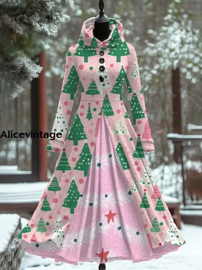 Women Fashion Elegant Christmas Art Print Hooded Long Sleeve Fake Two Button Thick Dress Coat A / S