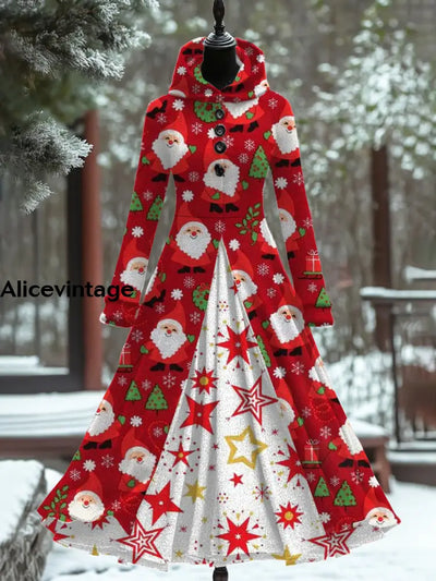 Women Fashion Elegant Christmas Art Print Hooded Long Sleeve Fake Two Button Thick Dress Coat A / S