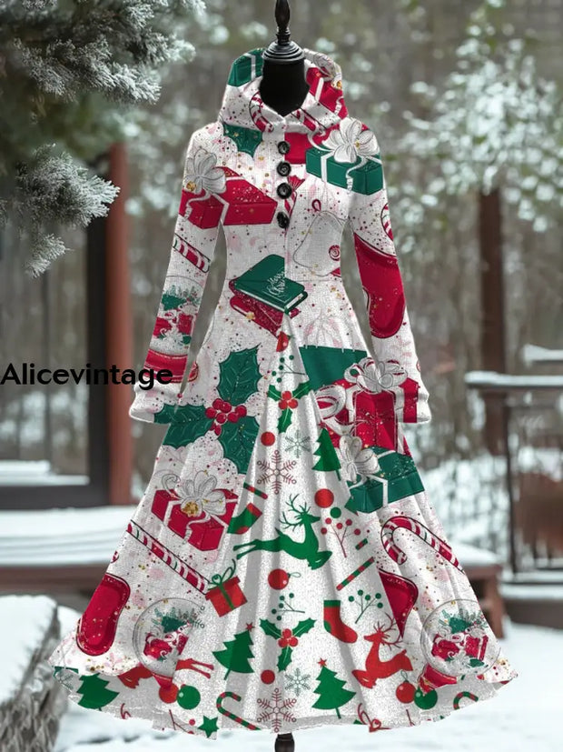 Women Fashion Elegant Christmas Art Print Hooded Long Sleeve Fake Two Button Thick Dress Coat A / S