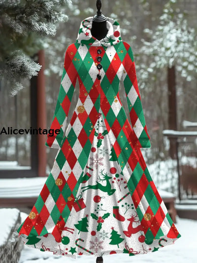 Women Fashion Elegant Christmas Art Print Hooded Long Sleeve Fake Two Button Thick Dress Coat A / S