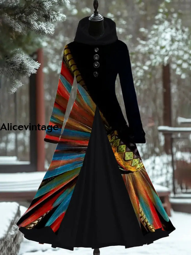 Women Fashion Elegant Feather Art Print Long Sleeve Hooded Button Fake Two Piece Thick Dress A / S