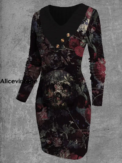 Women Fashion Elegant Halloween Art Skull Floral Print V-Neck Lapel Long Sleeve Midi Dress A / S