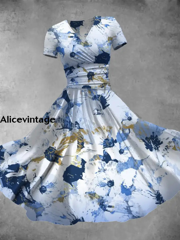 Women’s Abstract Art Contrast Floral Print V-Neck Short Sleeve Midi Dress A / S