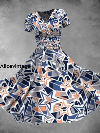 Women’s Abstract Art Contrast Star Print V-Neck Short Sleeve Midi Dress A / S