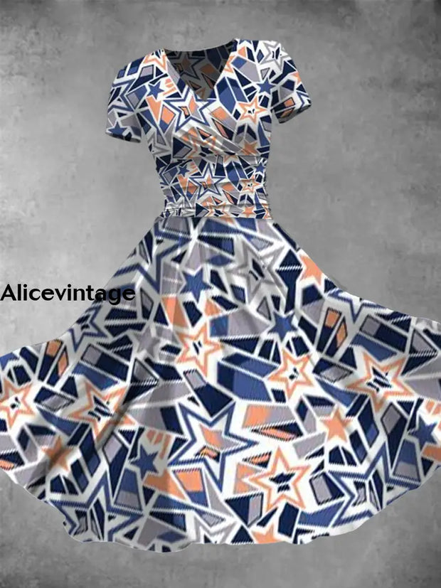 Women’s Abstract Art Contrast Star Print V-Neck Short Sleeve Midi Dress A / S