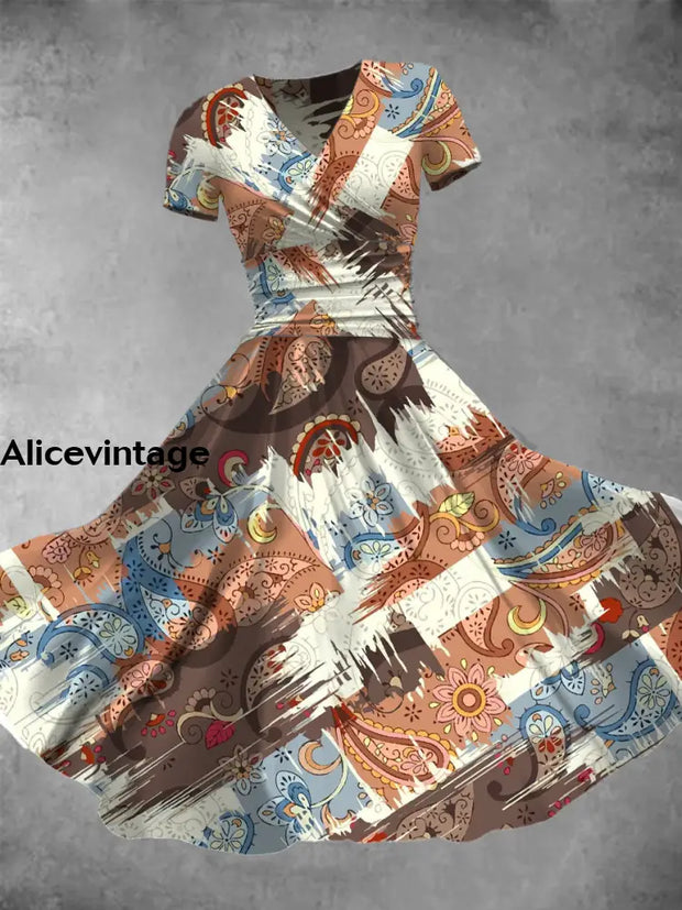 Women’s Abstract Contrast Art Ethnic Print V-Neck Short Sleeve Midi Dress A / S