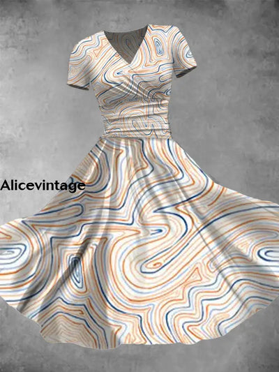 Women’s Abstract Line Art Contrast Print V-Neck Short Sleeve Midi Dress A / S