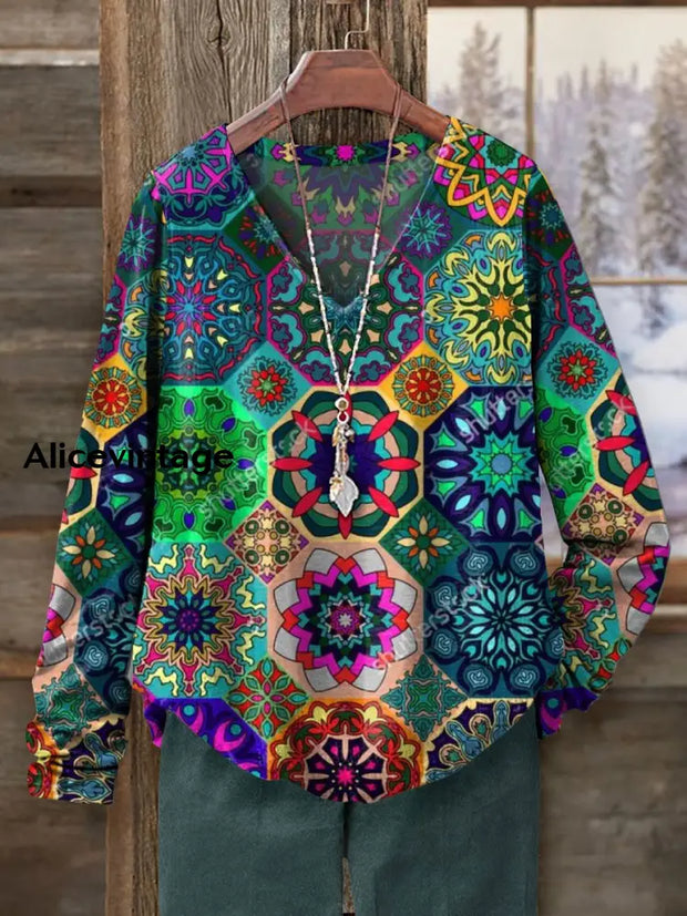 Women’s Abstrct Floral Art Print Casual V-Neck Long Sleeve T-Shirt Multicolor / S Western Shirts