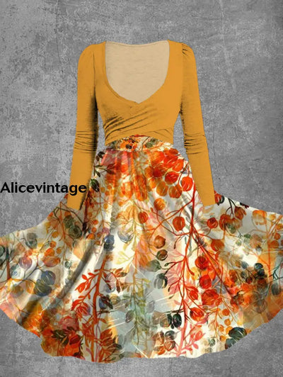 Women’s Art Floral Print Elegant And Chic V-Neck Long Sleeve Midi Dress A / S