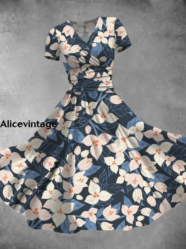 Women’s Art Floral Print Elegant And Chic V-Neck Short Sleeve Midi Dress A / S