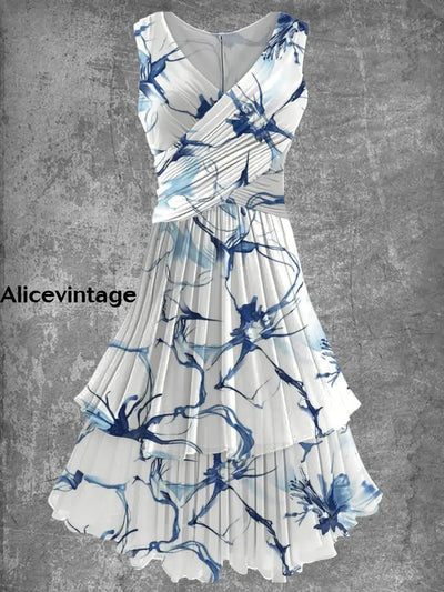 Women’s Art Floral Print Elegant And Chic V-Neck Sleeveless Flowing Double Layer Midi Dress A / S