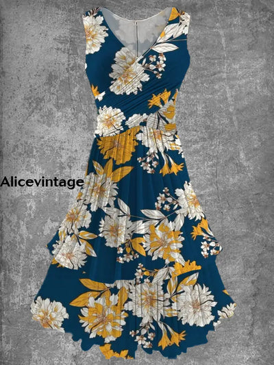 Women’s Art Floral Print Elegant And Chic V-Neck Sleeveless Flowing Double Layer Midi Dress A / S